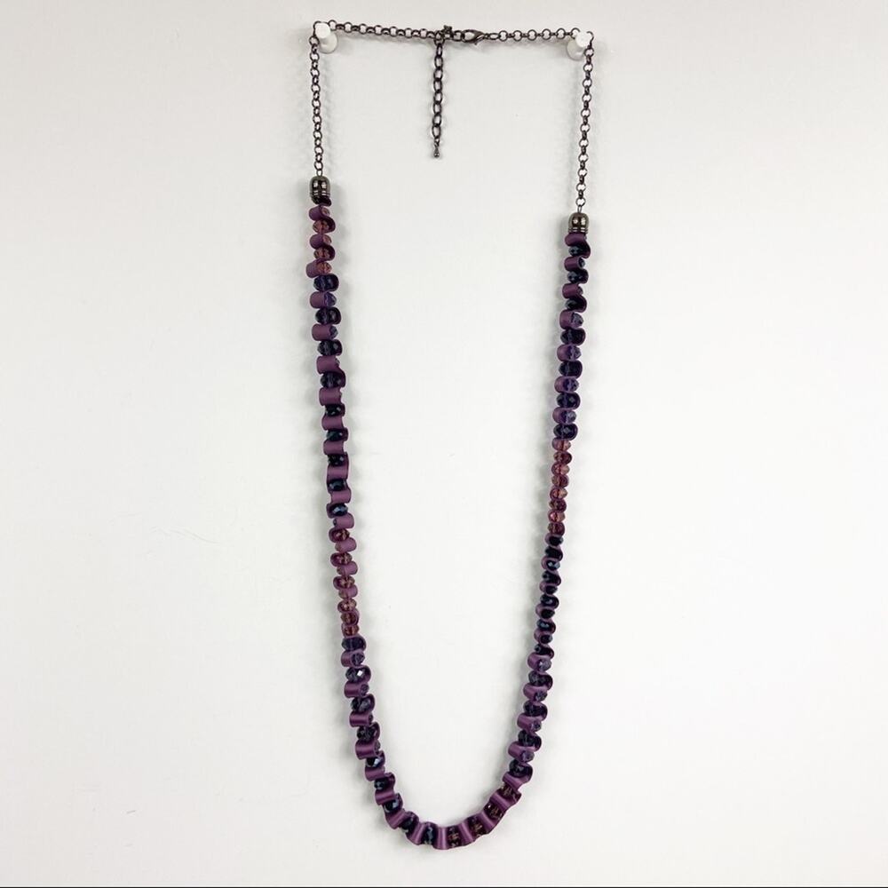 Purple Ribbon And Beaded Long Necklace